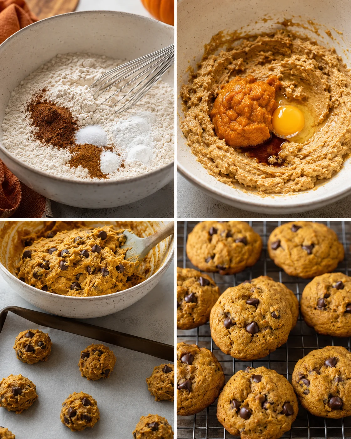 Freshly baked soft and chewy pumpkin cookies with chocolate chips cooling on a rack.