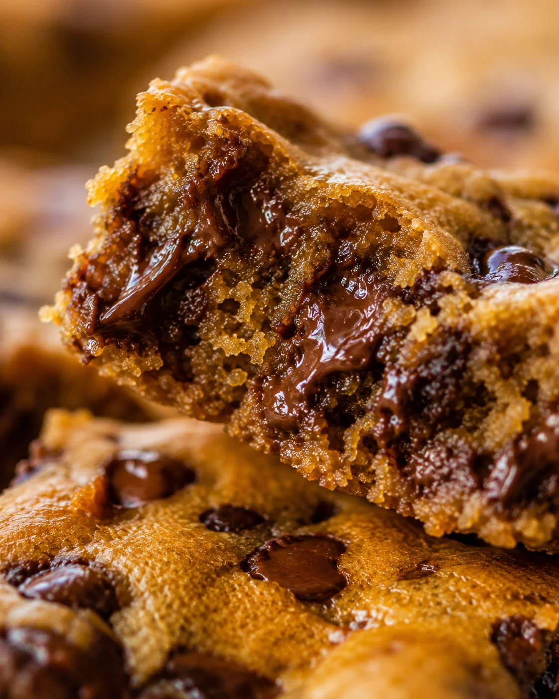 Close-up of gooey pumpkin chocolate chip bar with melted chocolate.