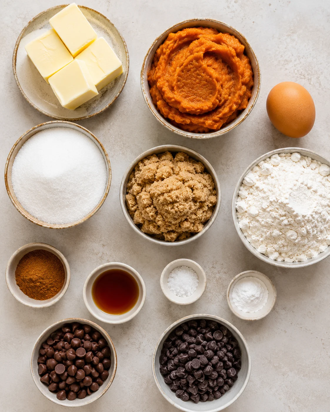 Ingredients for Pumpkin Bars with Chocolate Chips on a light background.