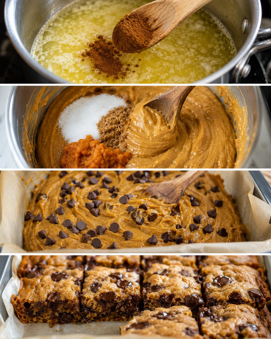 Steps showing melting butter, mixing batter, and chocolate chip-filled pumpkin bars