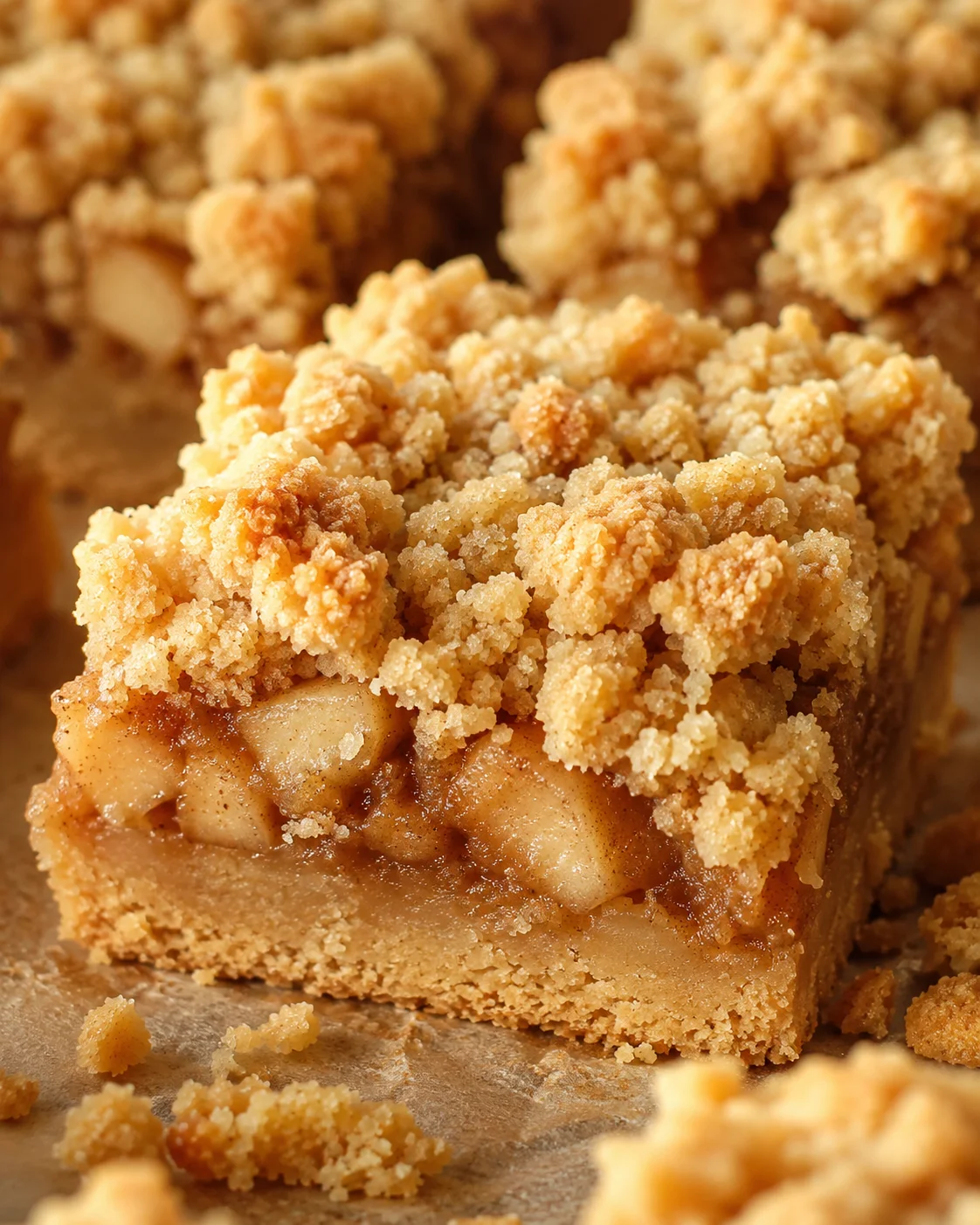 Close-up of golden apple pie bars with crunchy crumble topping.