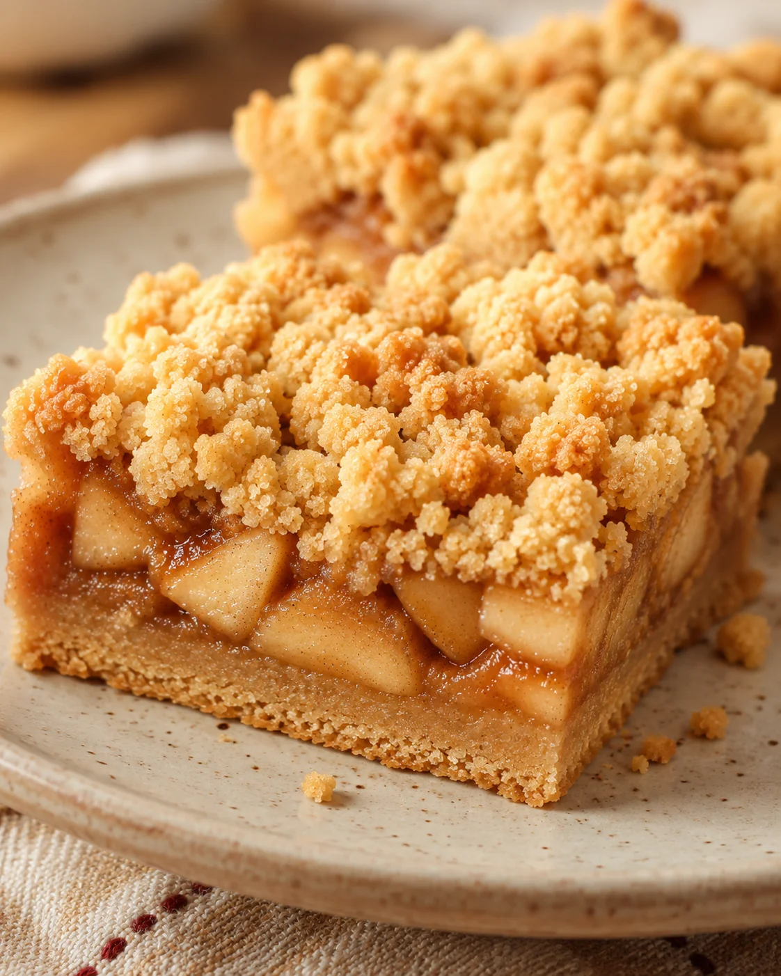 Close-up of delicious apple pie bars with crumble topping on a plate.