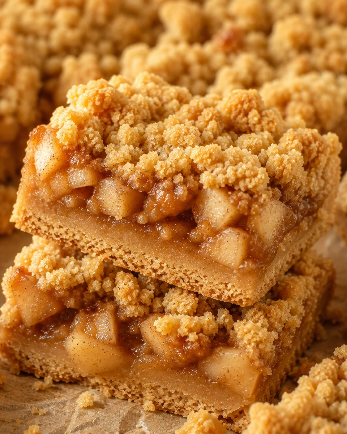 Close-up of apple pie bars with crumbly topping and cinnamon-spiced filling.