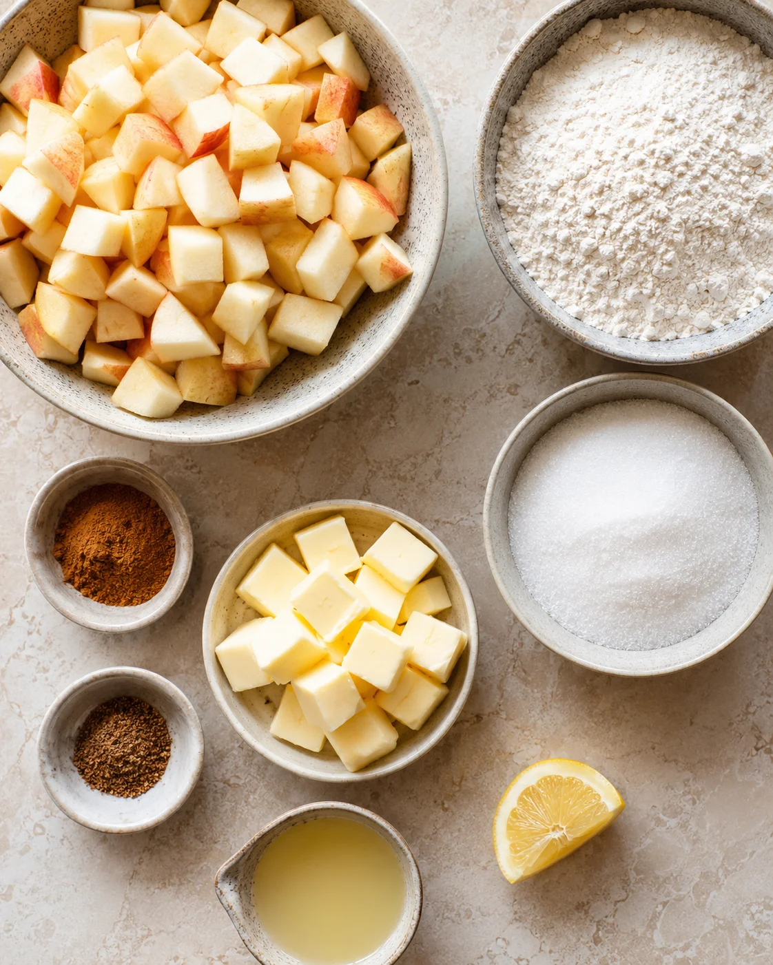 Bowls of chopped apples, flour, sugar, butter, and spices for apple pie bars