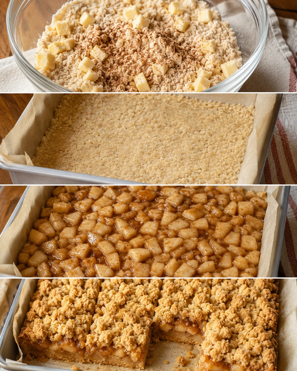 Close-up of apple pie bars with crumbly topping in a baking dish