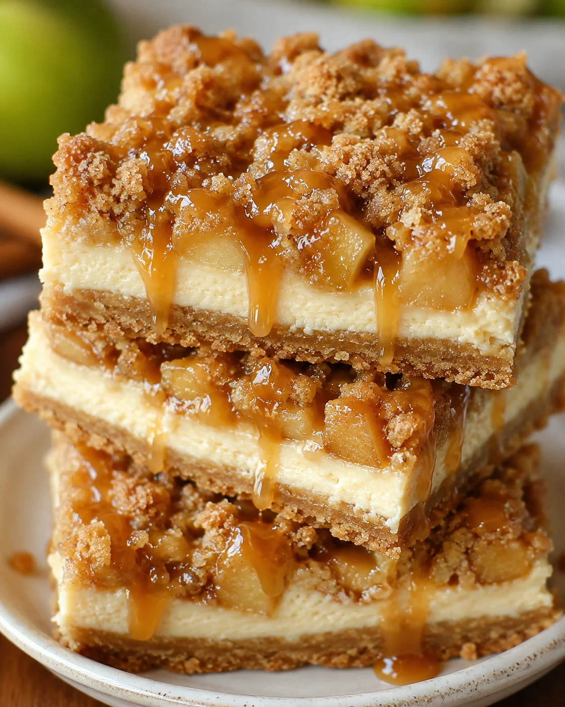 Close-up of delicious apple pie cheesecake bars topped with caramel sauce and crumble.