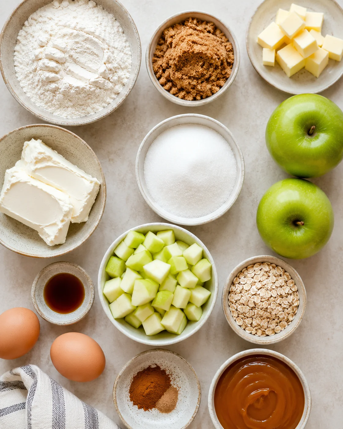 Ingredients for apple pie cheesecake bars with apples, flour, butter, and cinnamon.