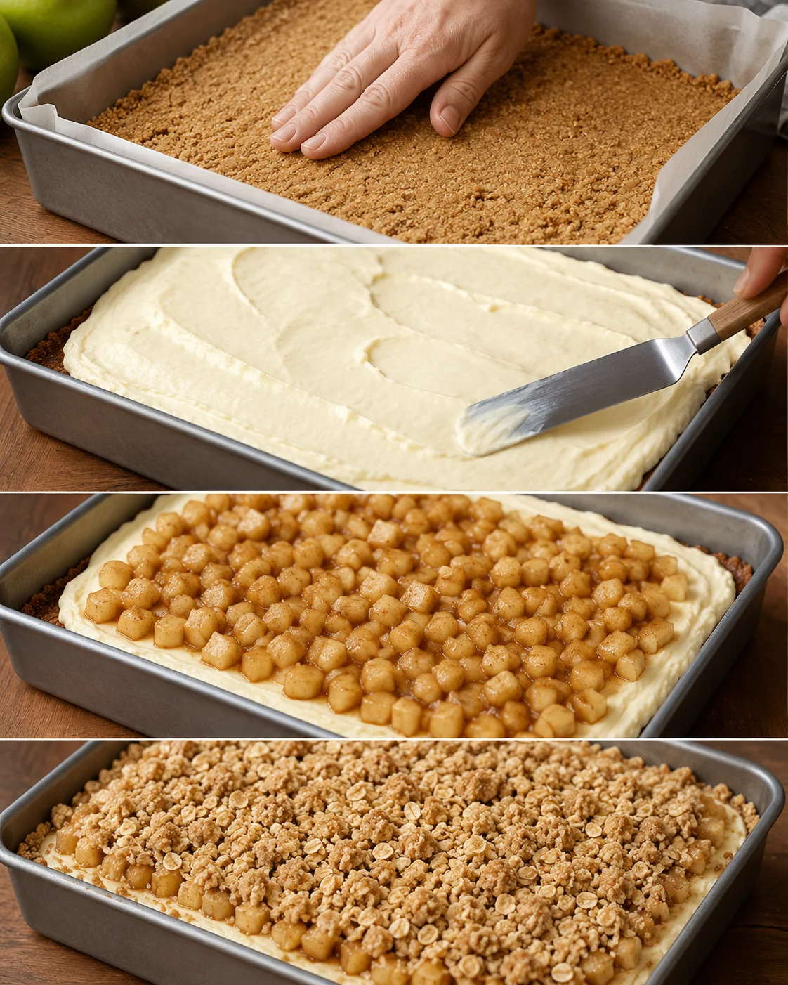 Layered apple pie cheesecake bars with crumb topping in a baking dish.
