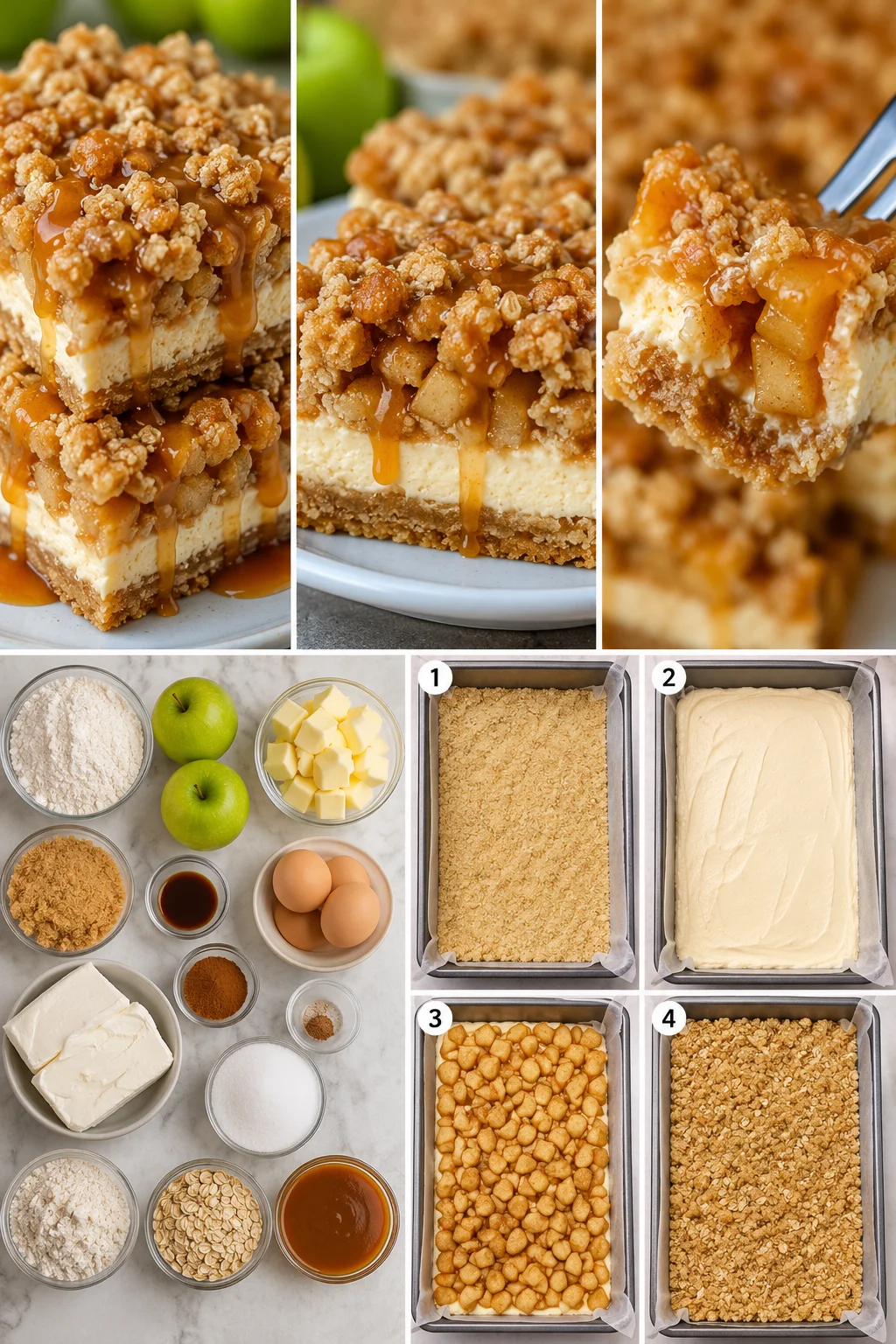 Delicious caramel apple pie cheesecake bars topped with crumb topping and caramel drizzle.