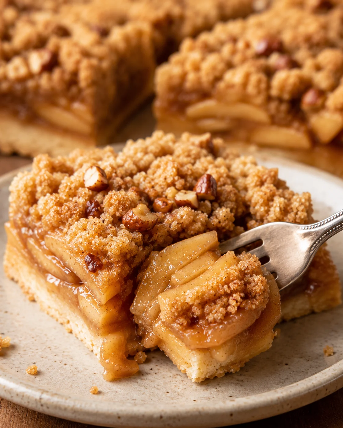 Close-up of lively apple pie bars with crumbly topping on a plate.