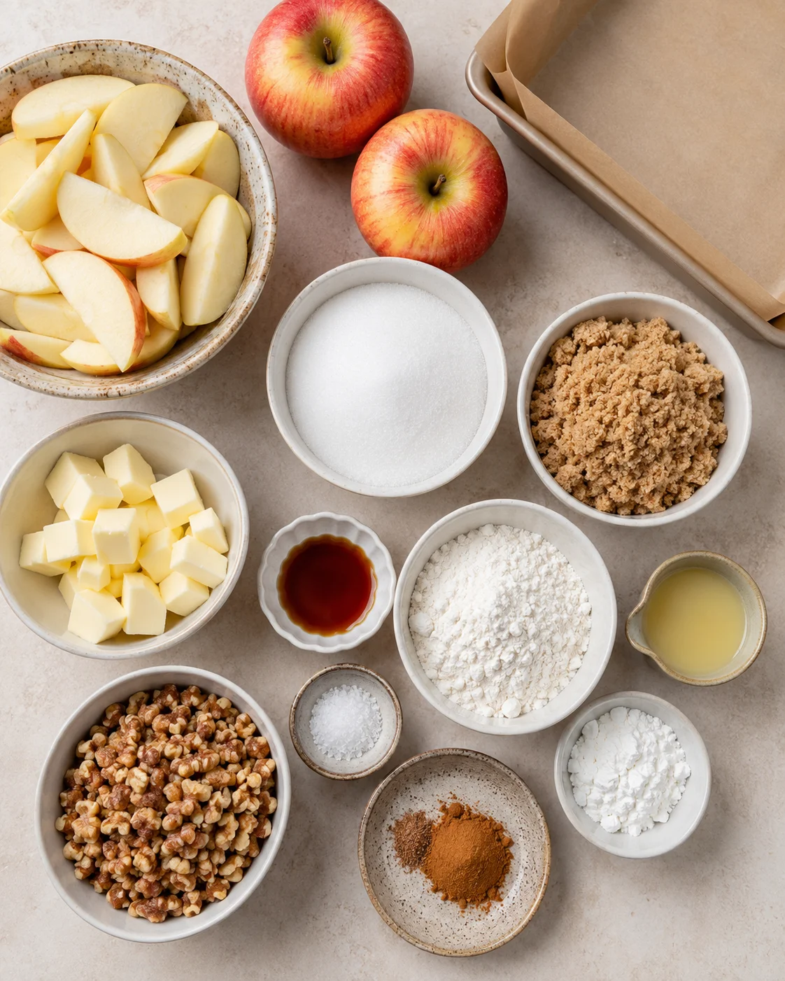 Assorted ingredients for apple pie bars, including apples, butter, sugar, and flour.