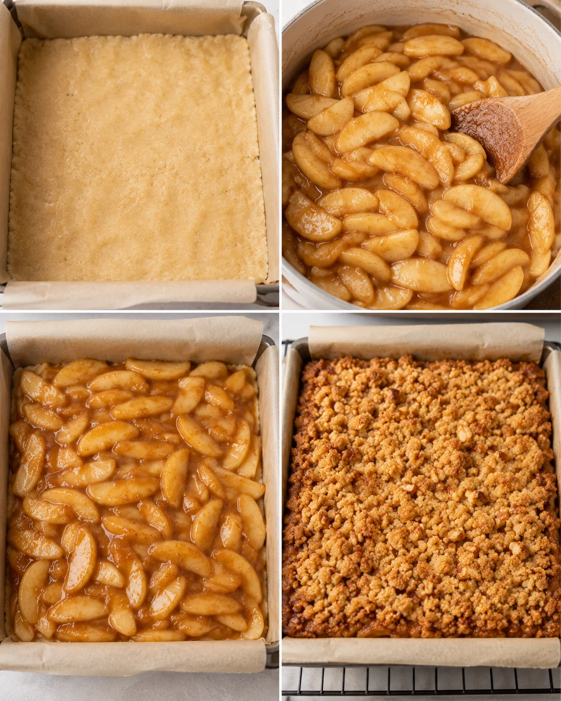 Step-by-step images of creating apple pie bars with crust, filling, and crumble topping.