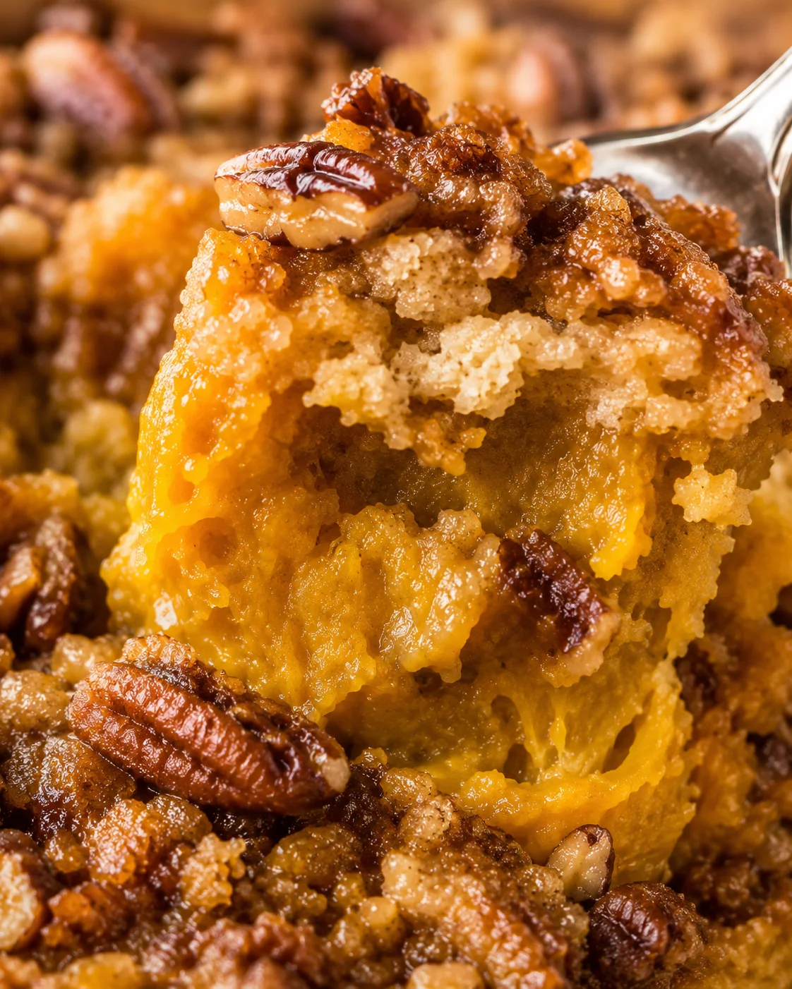 Close-up of warm pumpkin dump cake with pecans and crumb topping