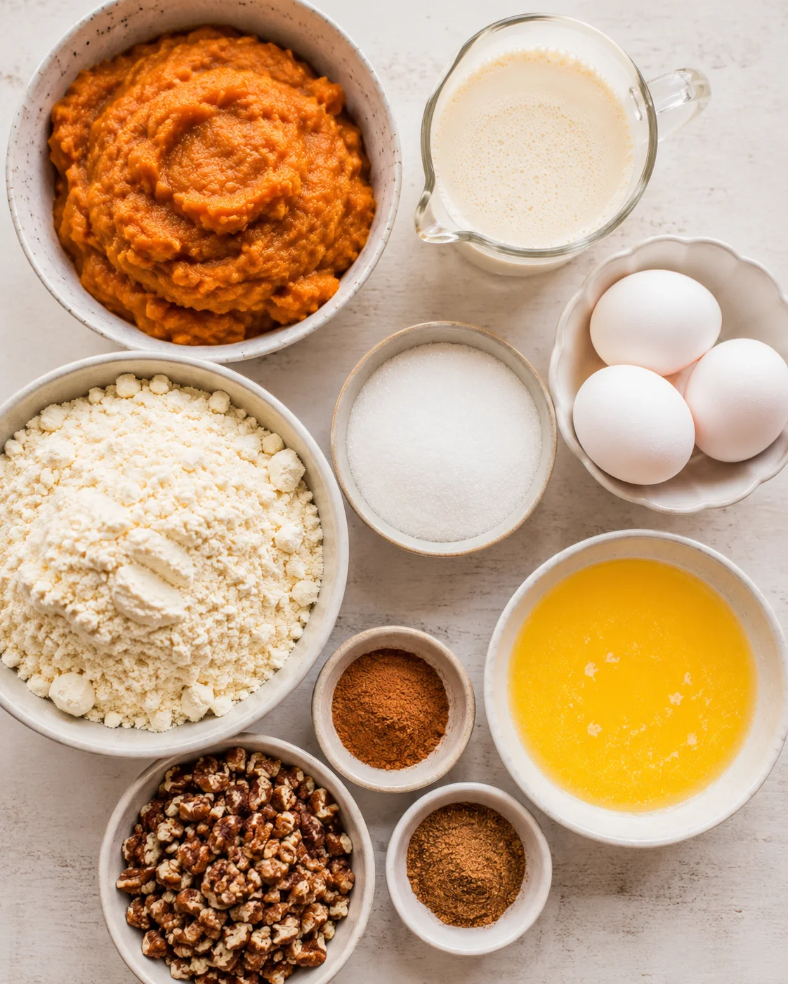 Ingredients for pumpkin dump cake including pumpkin puree, eggs, milk, cake mix, and pecans.