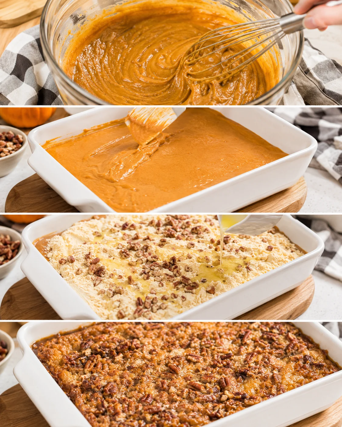 Step-by-step images of preparing pumpkin dump cake with pumpkin filling, cake mix topping, and baked dessert.
