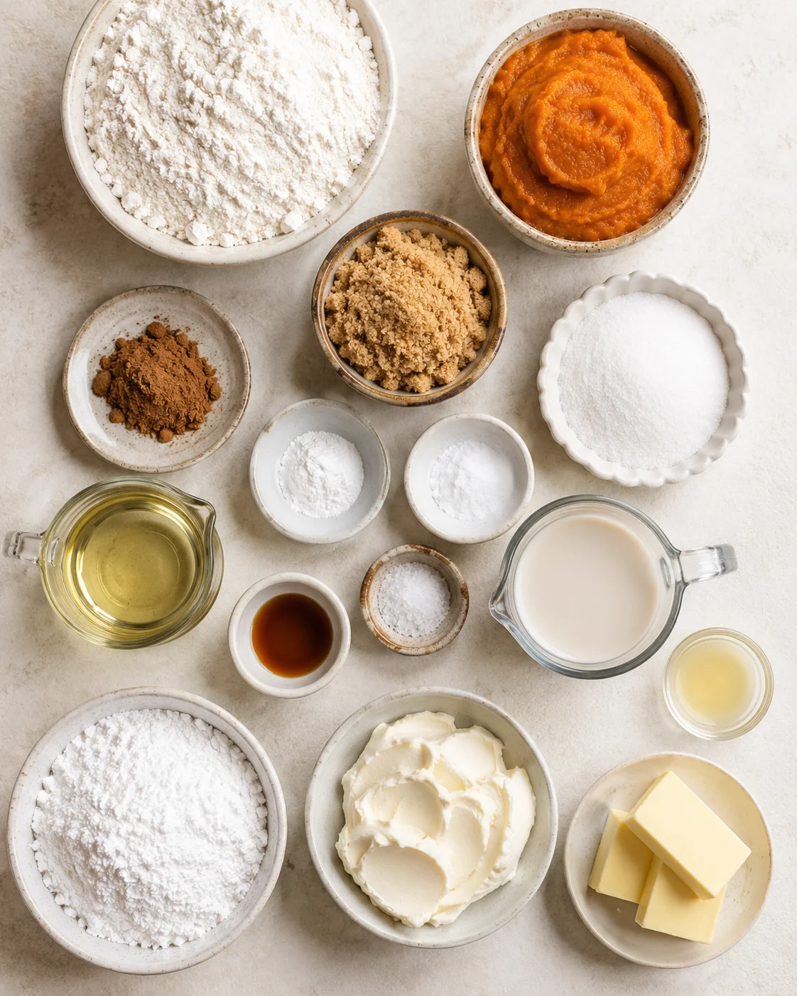 Ingredients for vegan gluten-free pumpkin cupcakes with cream cheese frosting on a white surface.