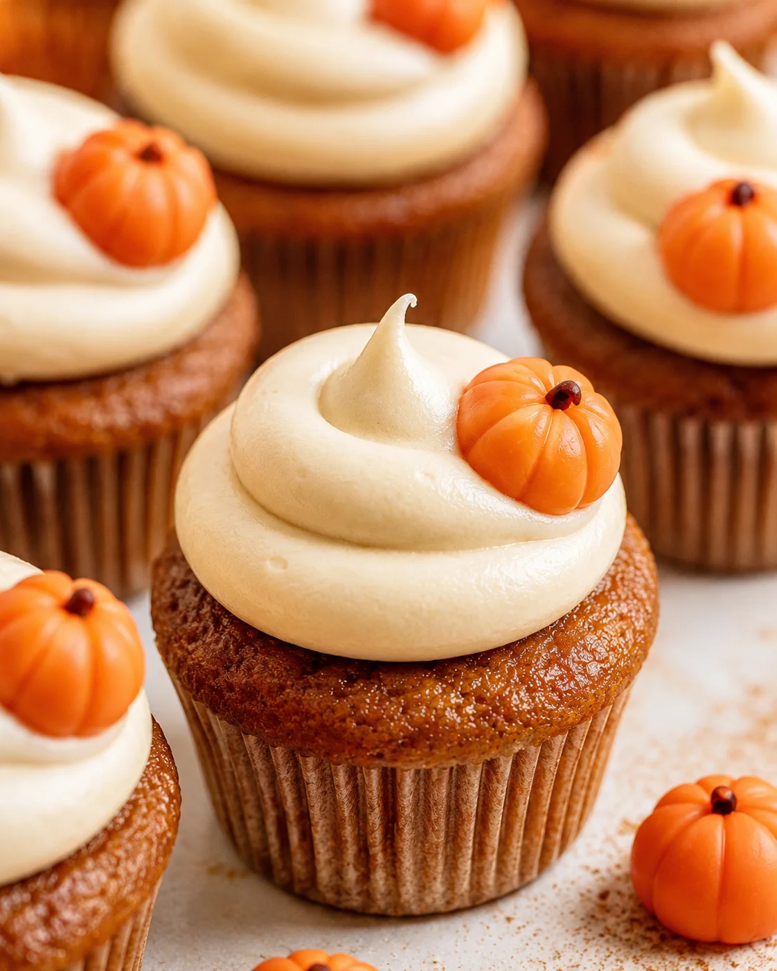 Delicious pumpkin cupcakes topped with cream cheese frosting and mini pumpkins.