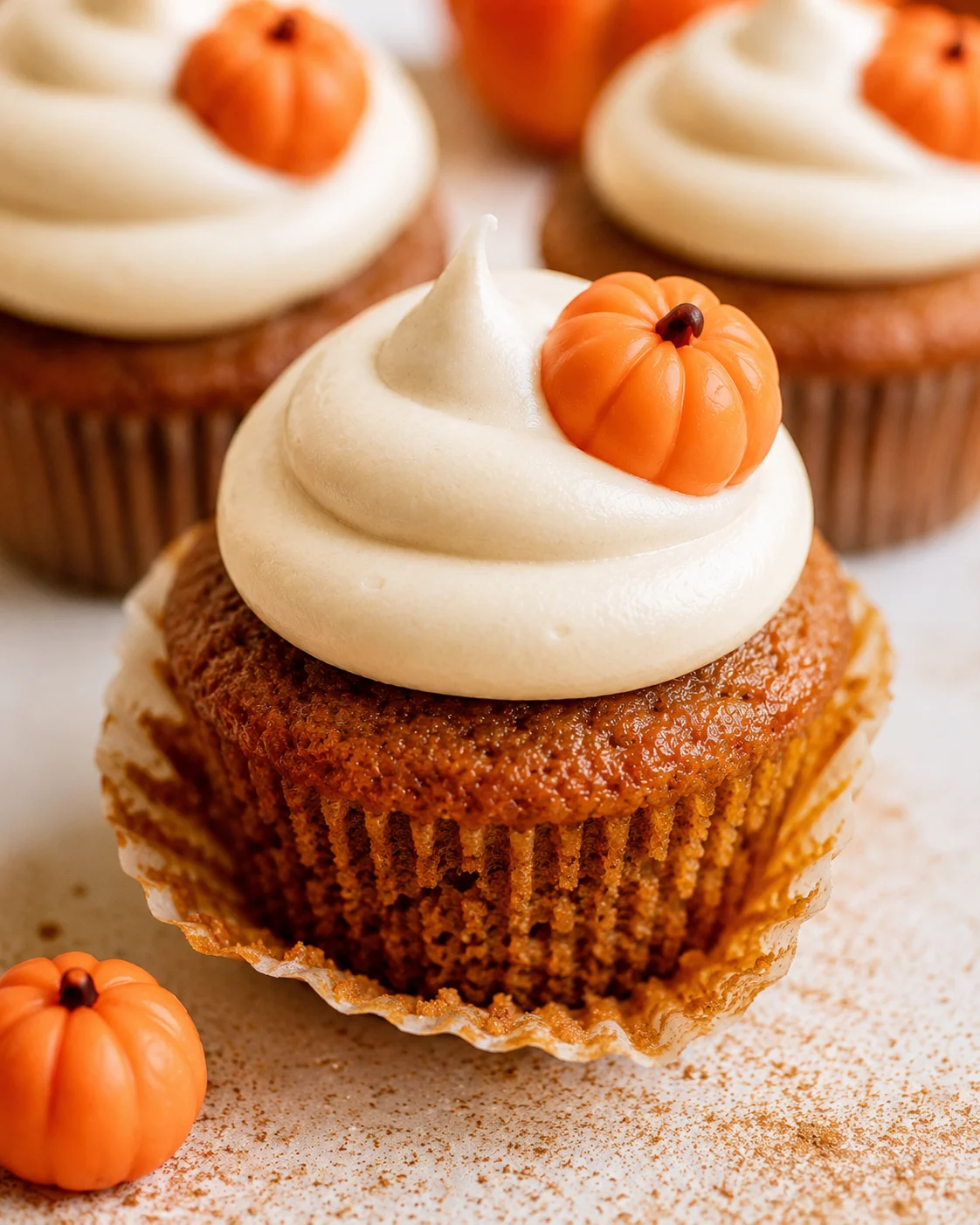 Close-up of a pumpkin cupcake topped with cream cheese frosting and a tiny pumpkin decoration.
