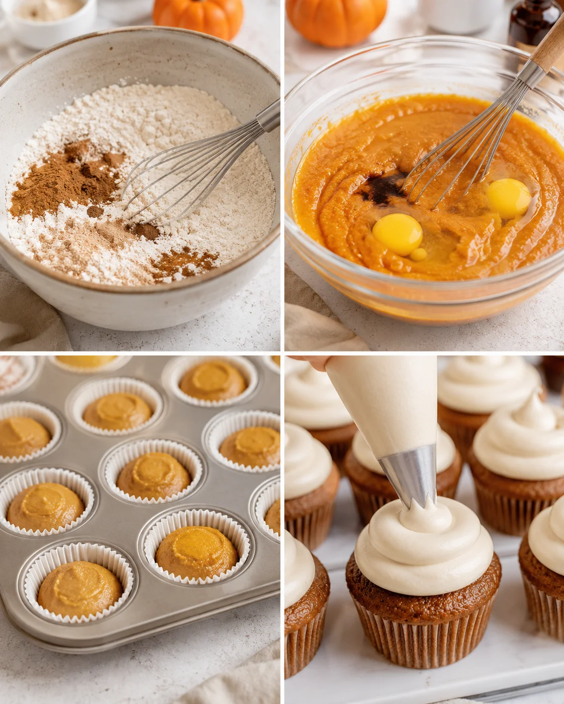 Soft pumpkin cupcakes topped with smooth brown sugar cream cheese frosting.