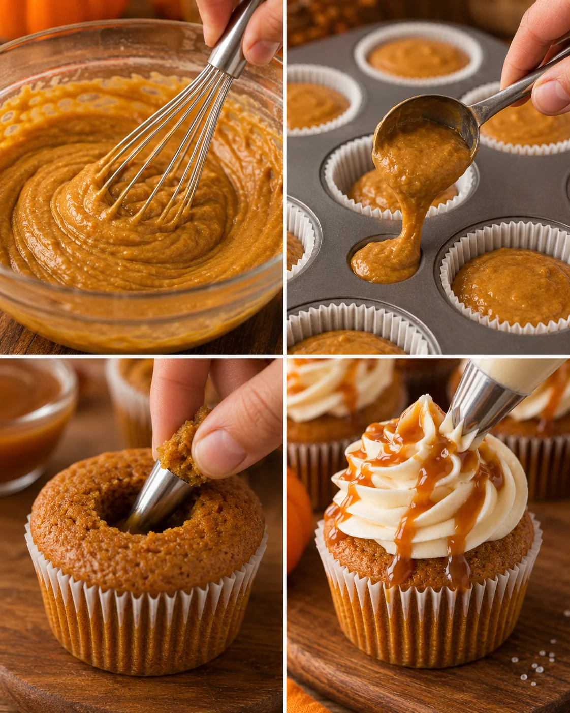 Decorating pumpkin cupcakes with salted caramel cream cheese frosting
