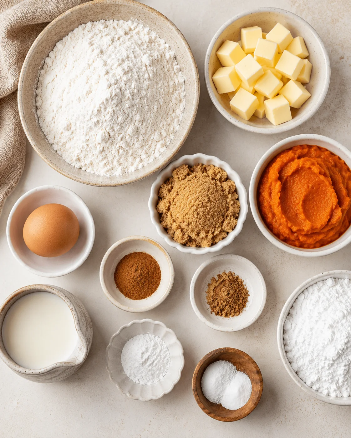 Ingredients for pumpkin scones including flour, pumpkin puree, butter, and spices.