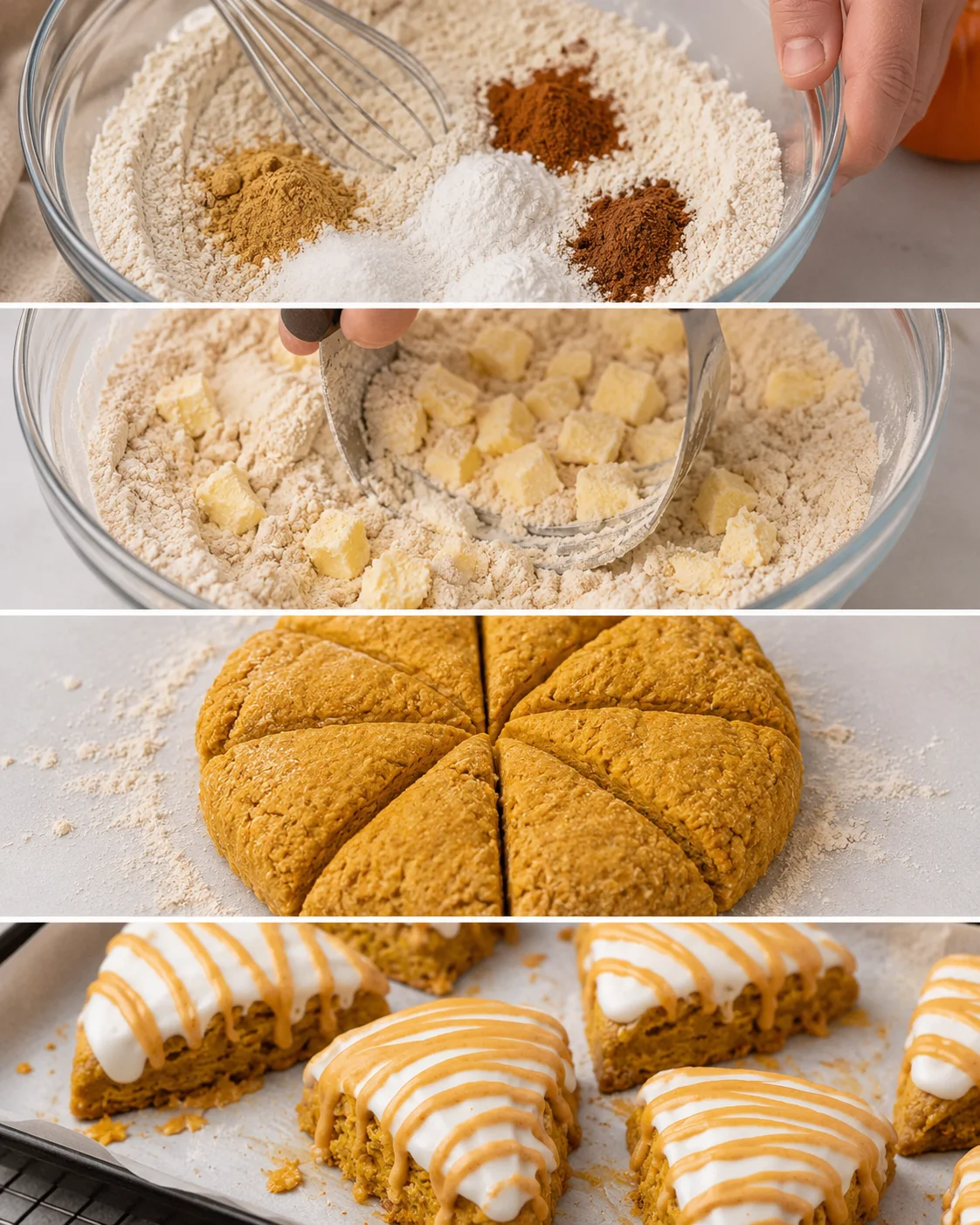Step-by-step process of mixing, shaping, and icing pumpkin scones at home.