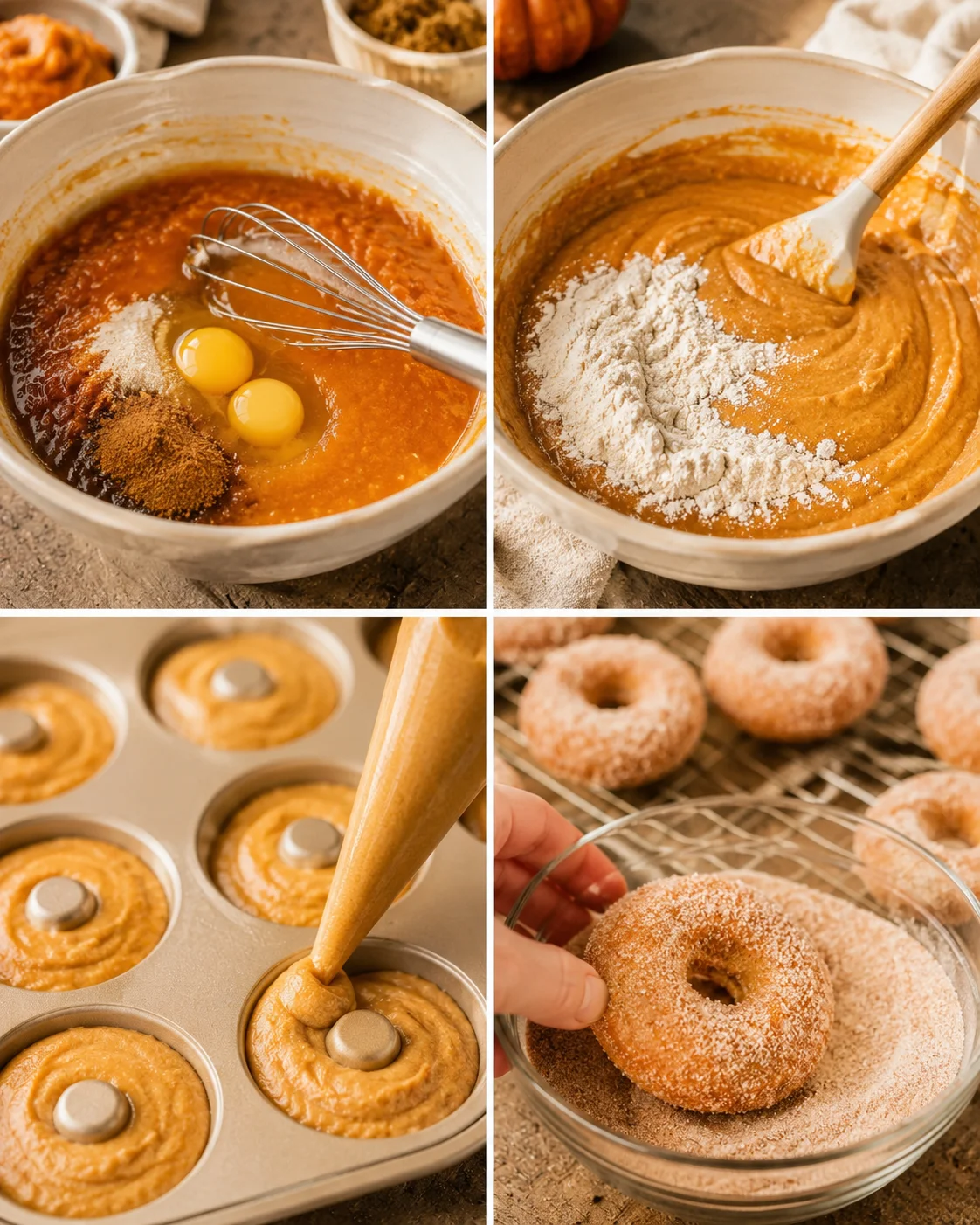 Homemade baked pumpkin donuts coated in cinnamon sugar on a cooling rack.