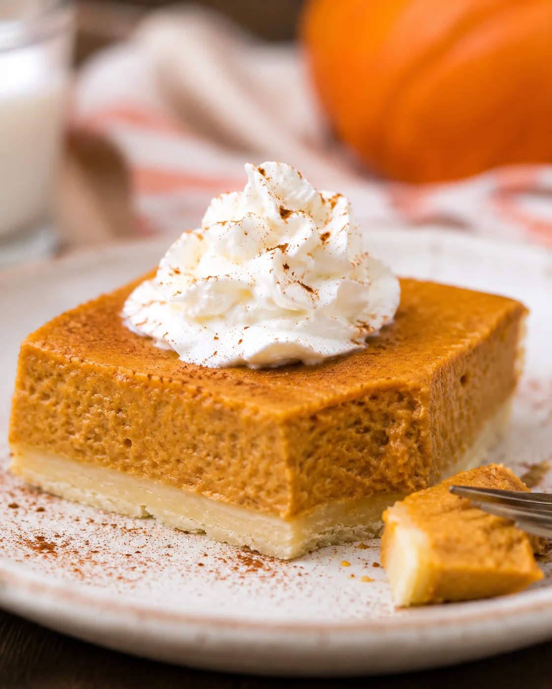 Delicious pumpkin pie bars topped with whipped cream on a white plate