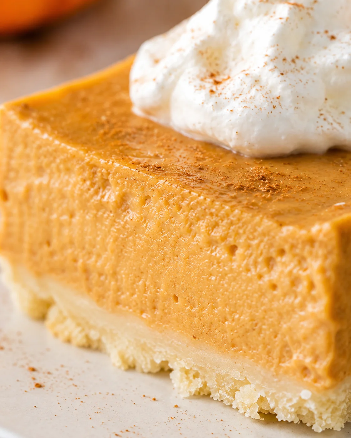 Close-up of pumpkin pie bars topped with whipped cream and spices.