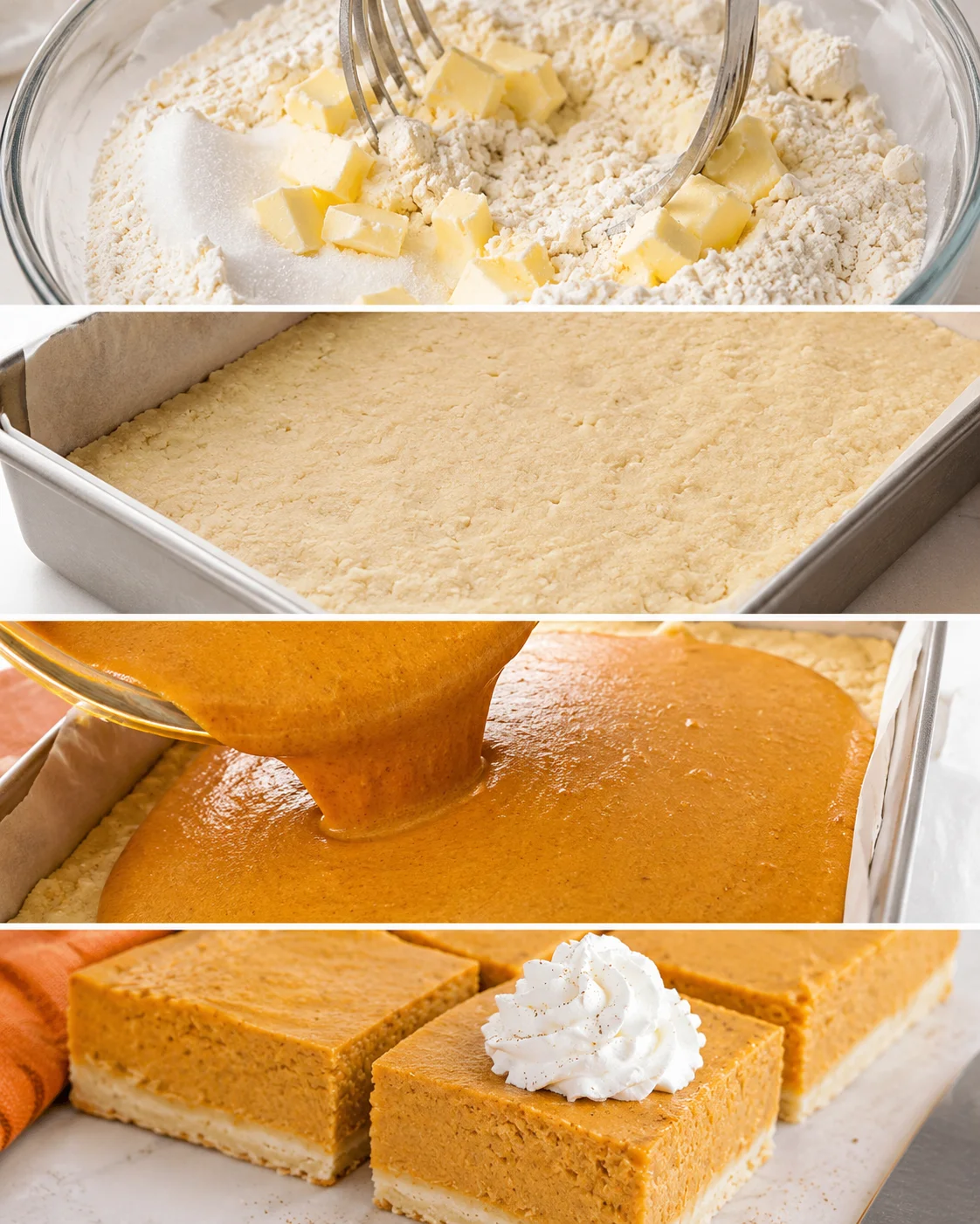 Creamy pumpkin filling poured over buttery shortbread crust in a baking dish