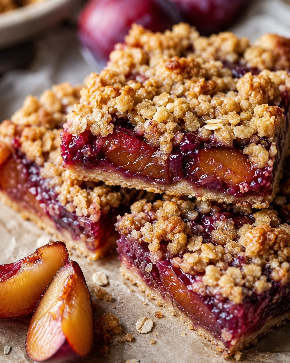 Close-up of freshly baked plum crumble bars with fruit filling and crumb topping