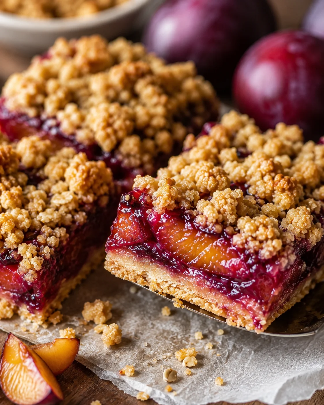 Close-up of juicy plum crumble bars with golden topping, fresh plums in background