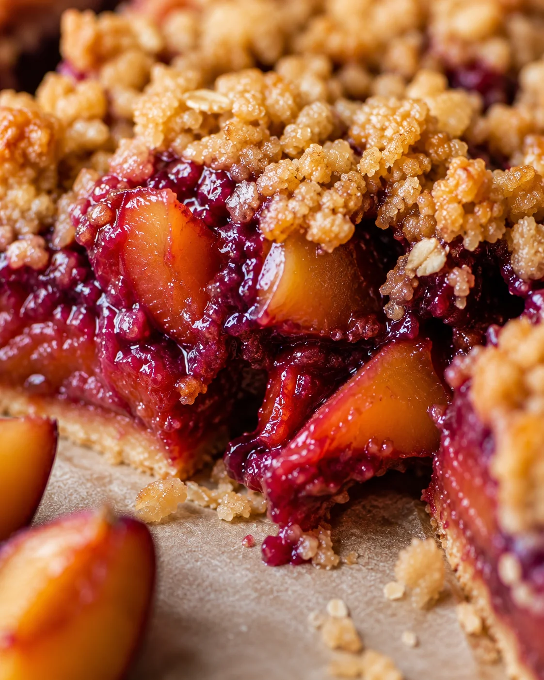 Close-up of golden plum crumble bars with juicy fruit and crunchy topping