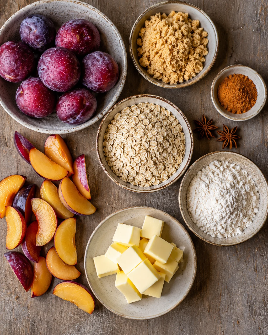 Fresh plums, oats, and spices ready for making crumble bars.