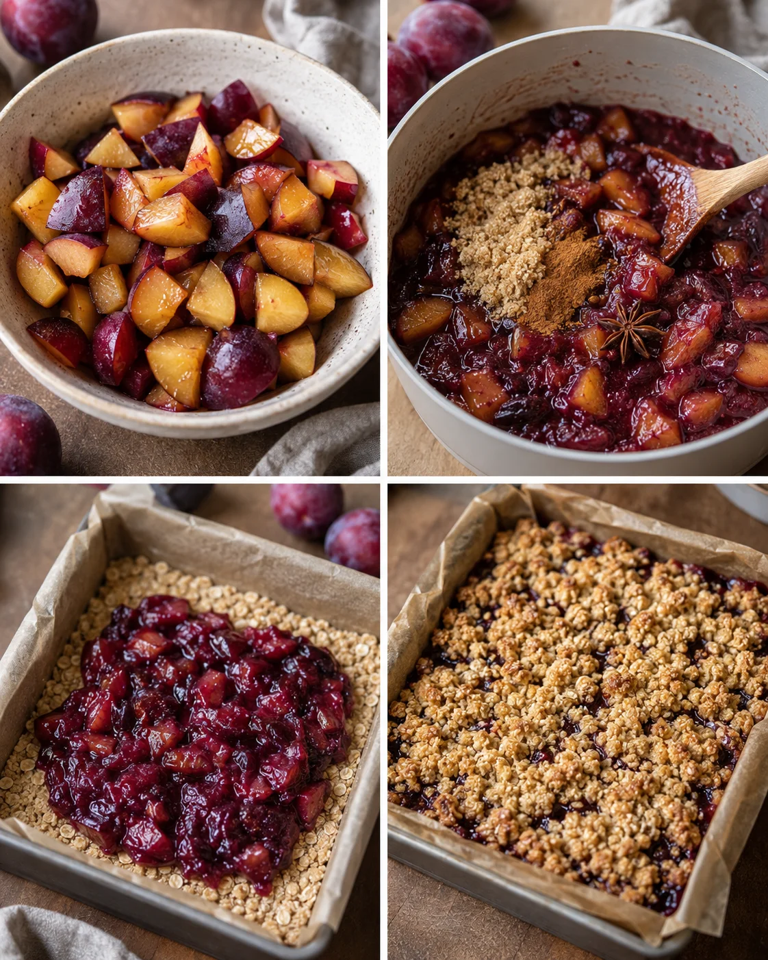 Close-up of freshly baked plum crumble bars with a golden, crispy topping