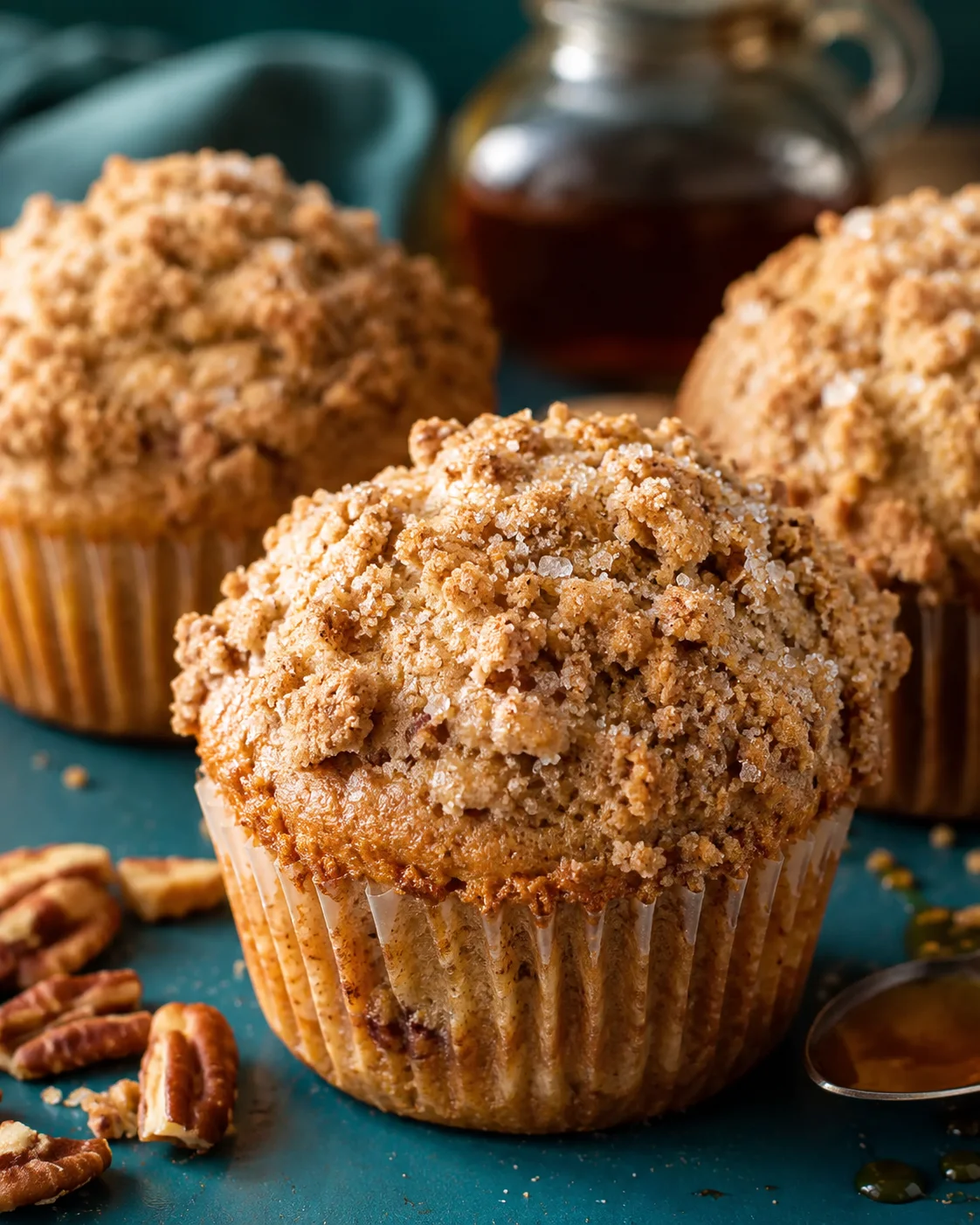Close-up of bakery-style maple pecan muffins with crumb topping and pecans