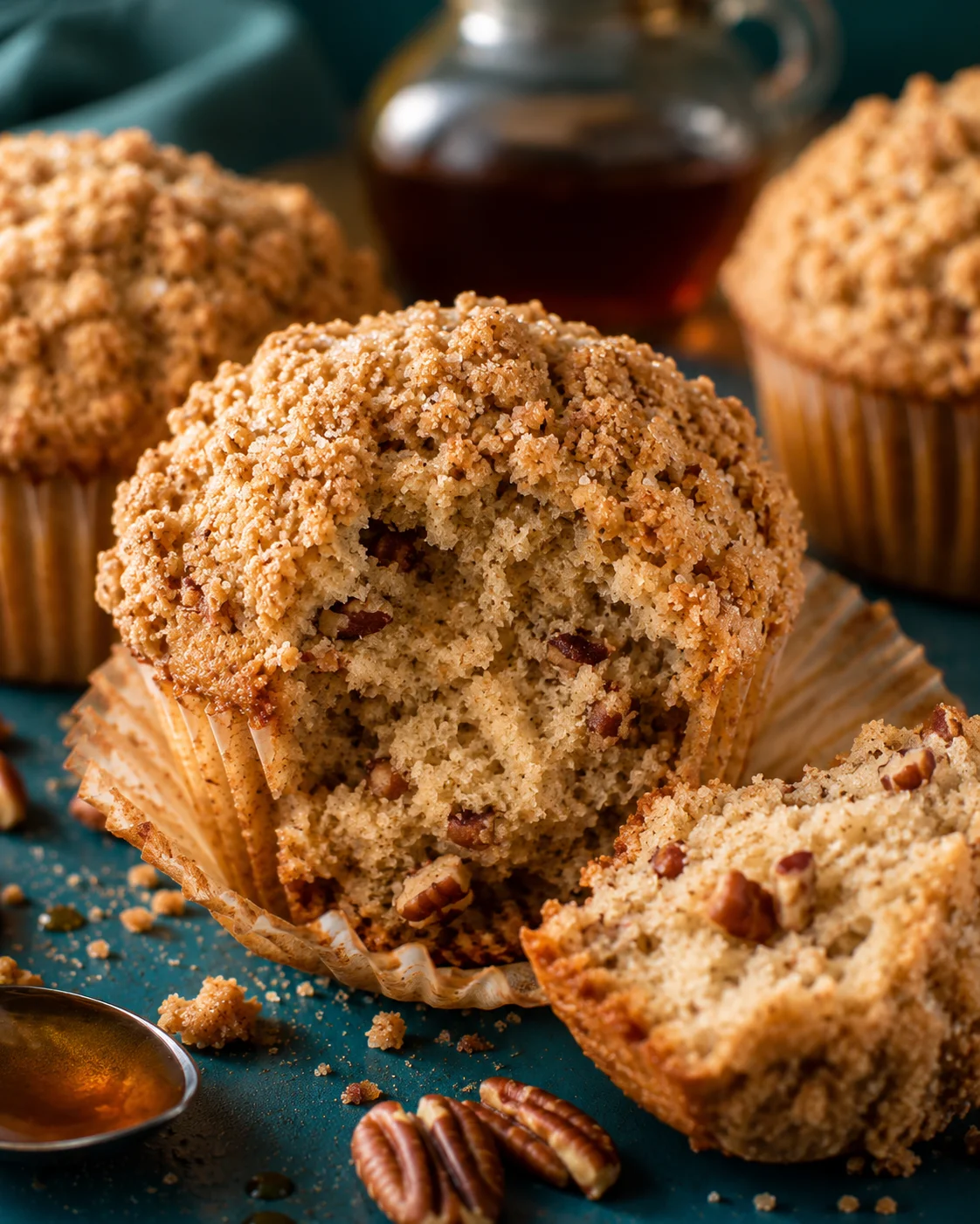 Close-up of moist maple pecan muffins with crunchy topping and pecans inside.