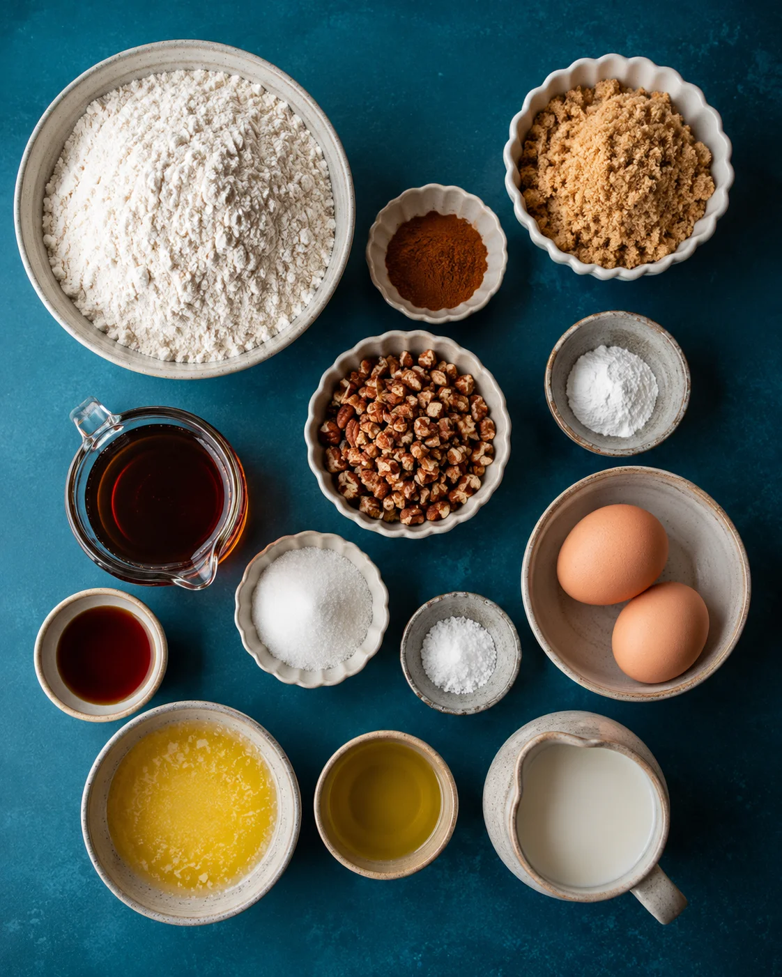 A collection of ingredients for making delicious maple pecan muffins, including flour, pecans, eggs, and syrup.