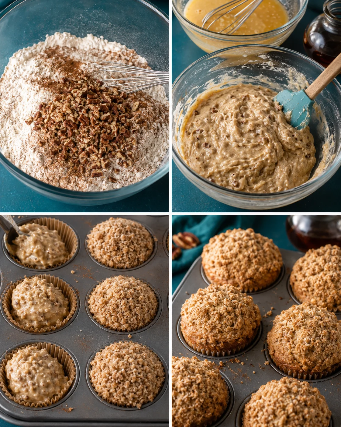 Baking process showing mixing dry ingredients and filling muffin tins with batter.