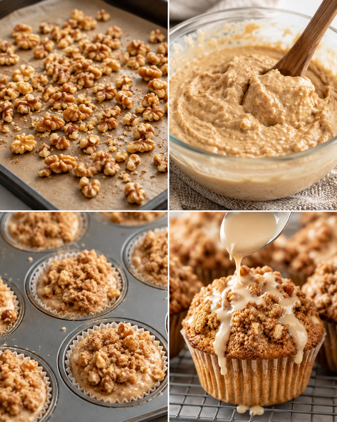 Golden maple walnut muffins with crunchy streusel topping and glossy glaze.