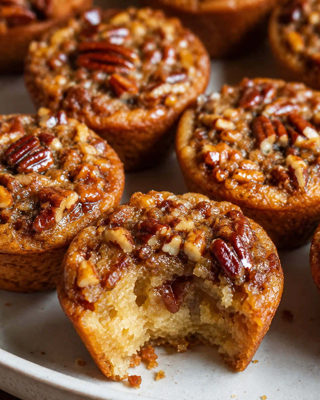 Close-up of caramelized pecan pie muffins with a gooey center and crunchy topping.