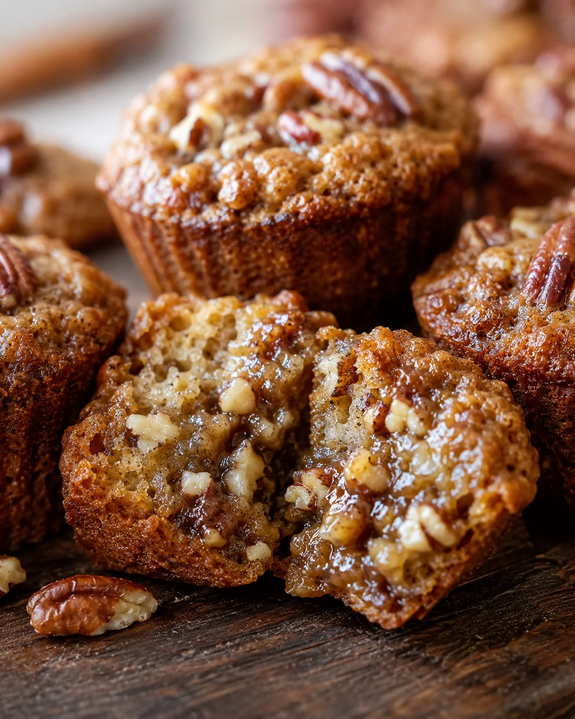 Close-up of caramelized pecan muffins with chopped pecans on top.