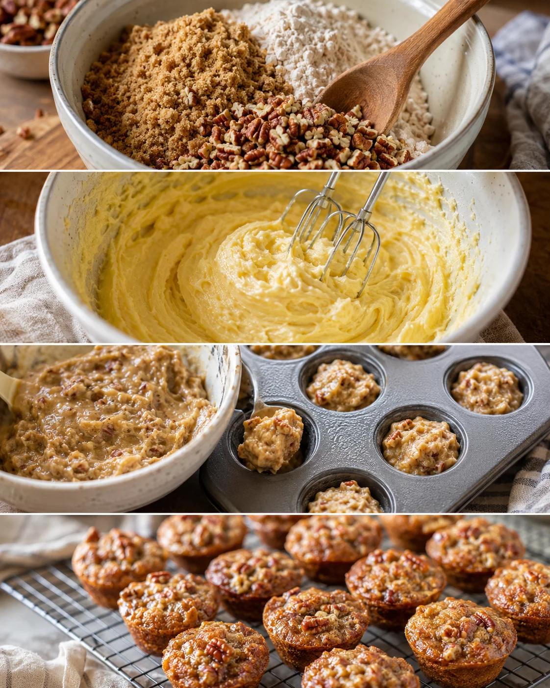 Golden pecan pie muffins with caramelized tops and nutty fillings.