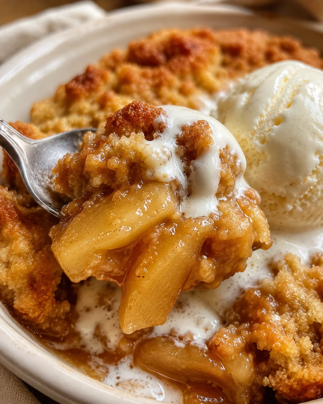 A warm serving of caramel apple dump cake with vanilla ice cream.