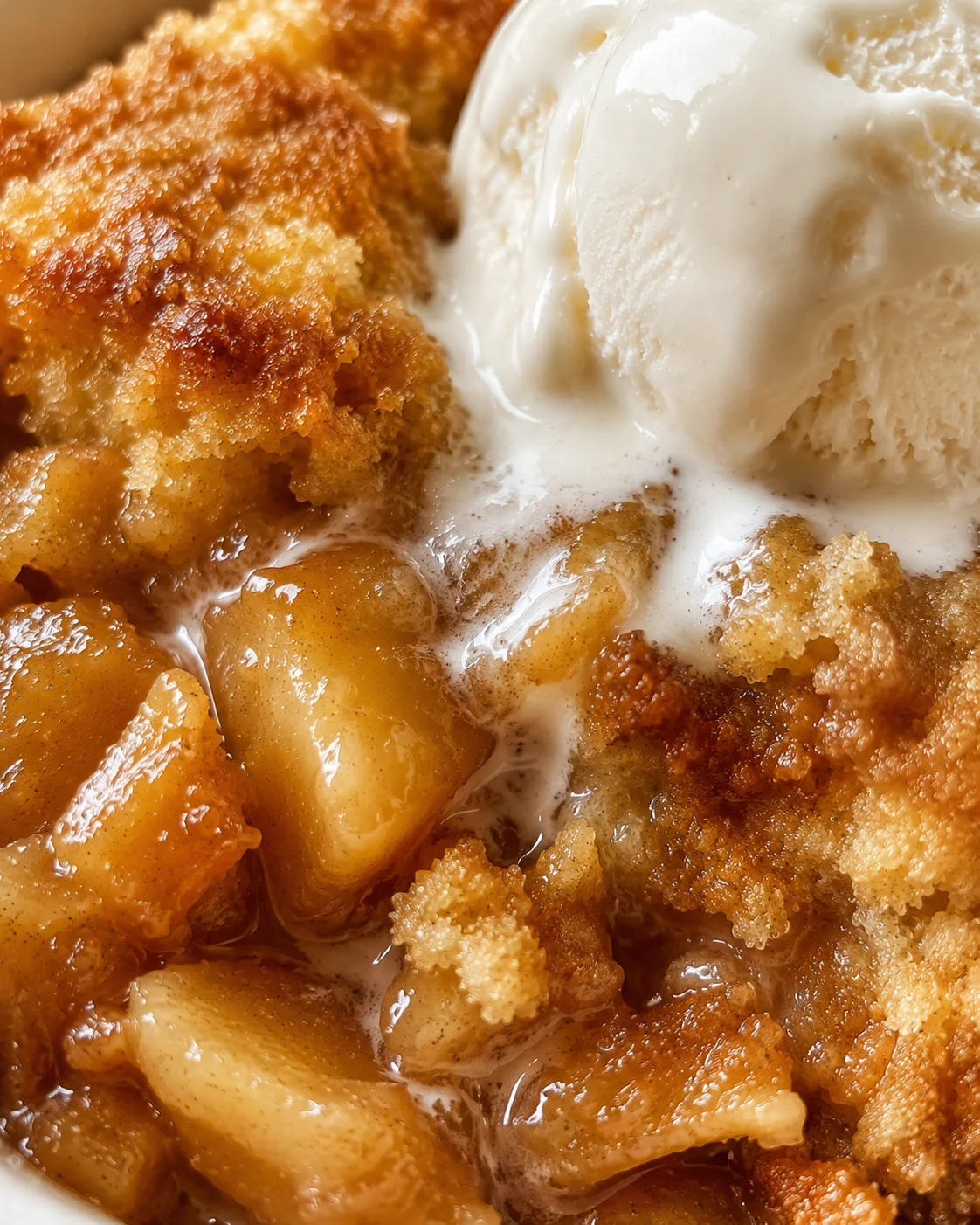 Close-up of warm apple dump cake with ice cream on top, baked to golden perfection.