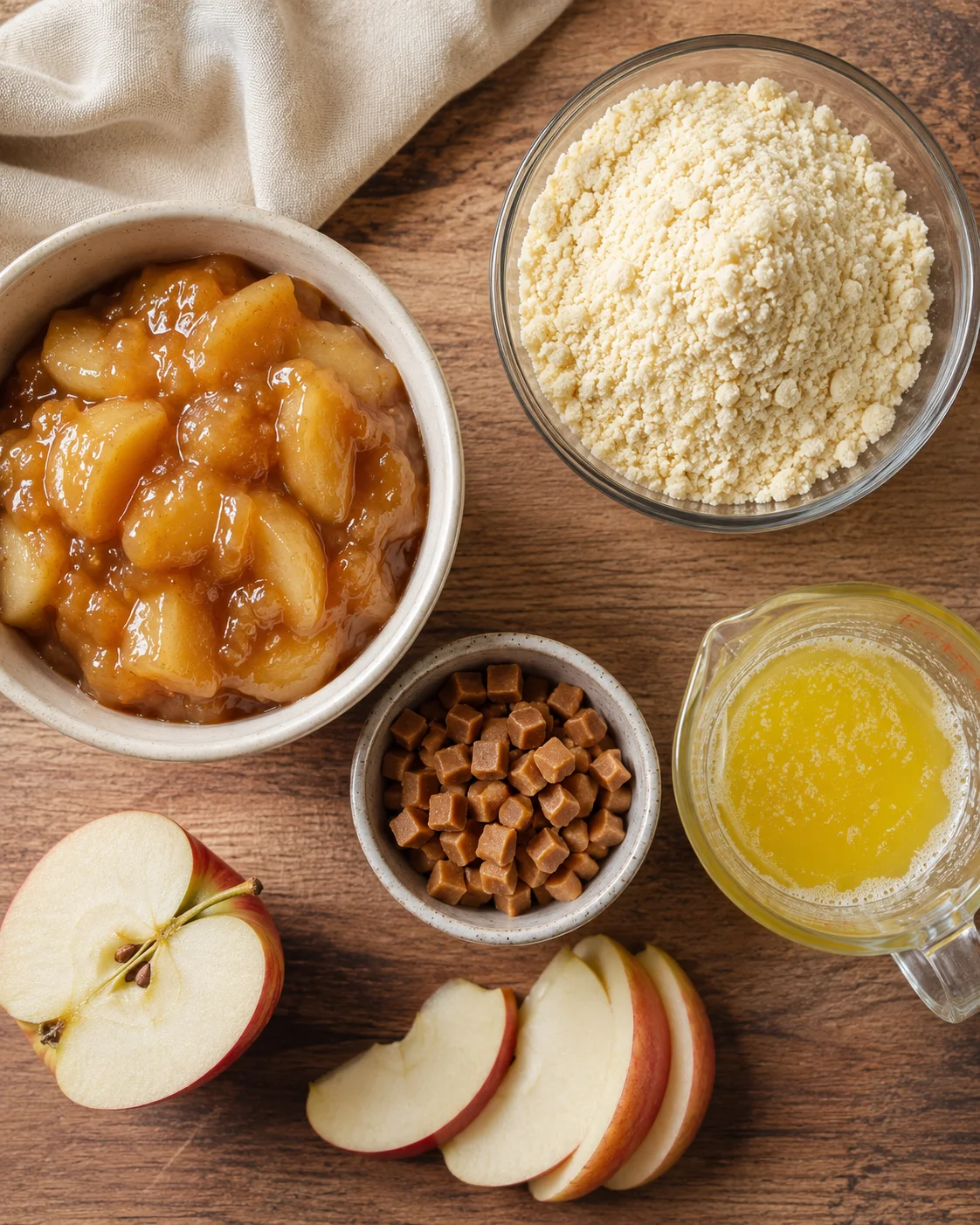 Several ingredients including apple pie filling, caramel bits, cake mix, and apples on a wooden surface.