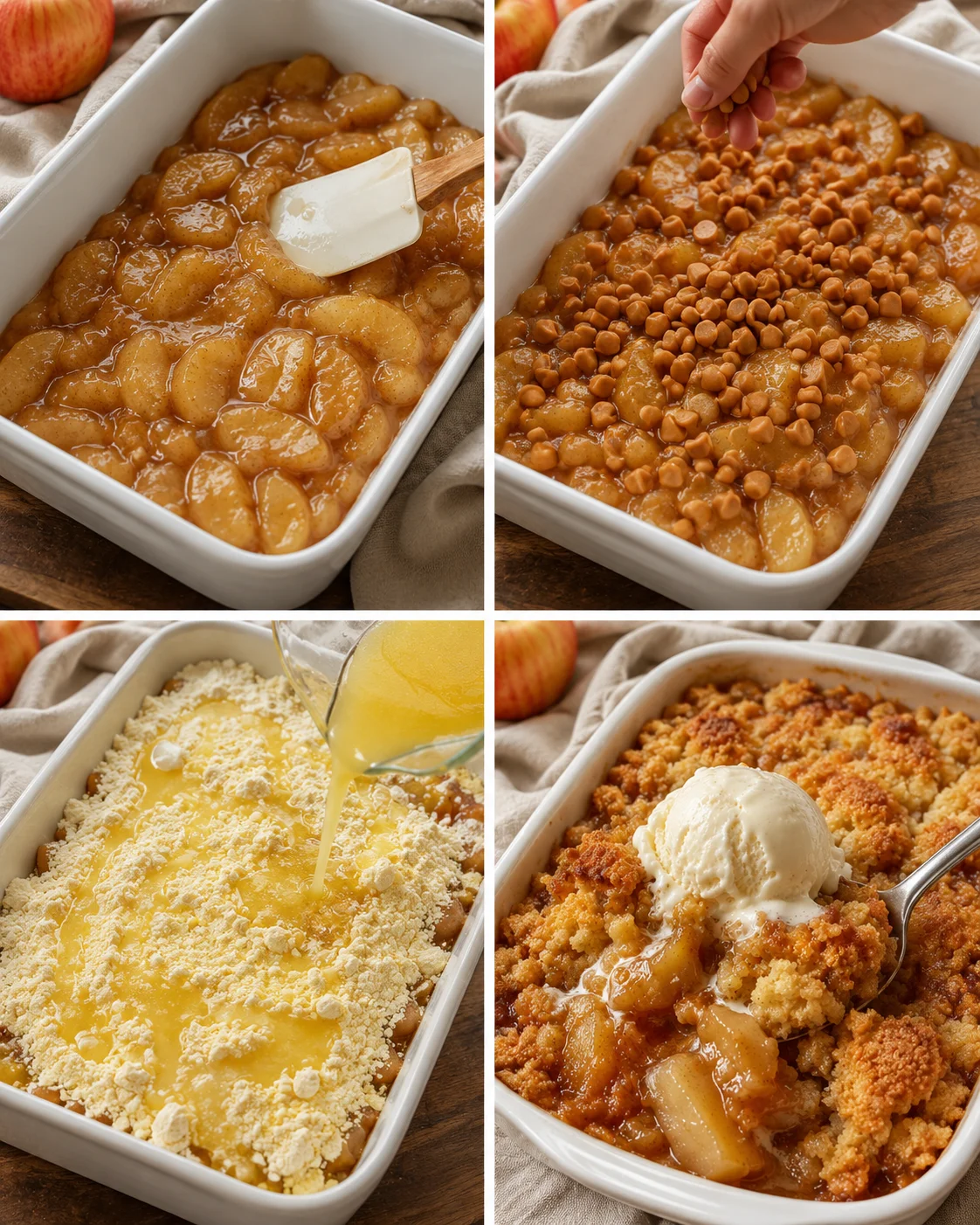 Step-by-step process of preparing caramel apple dump cake with apples and caramel bits