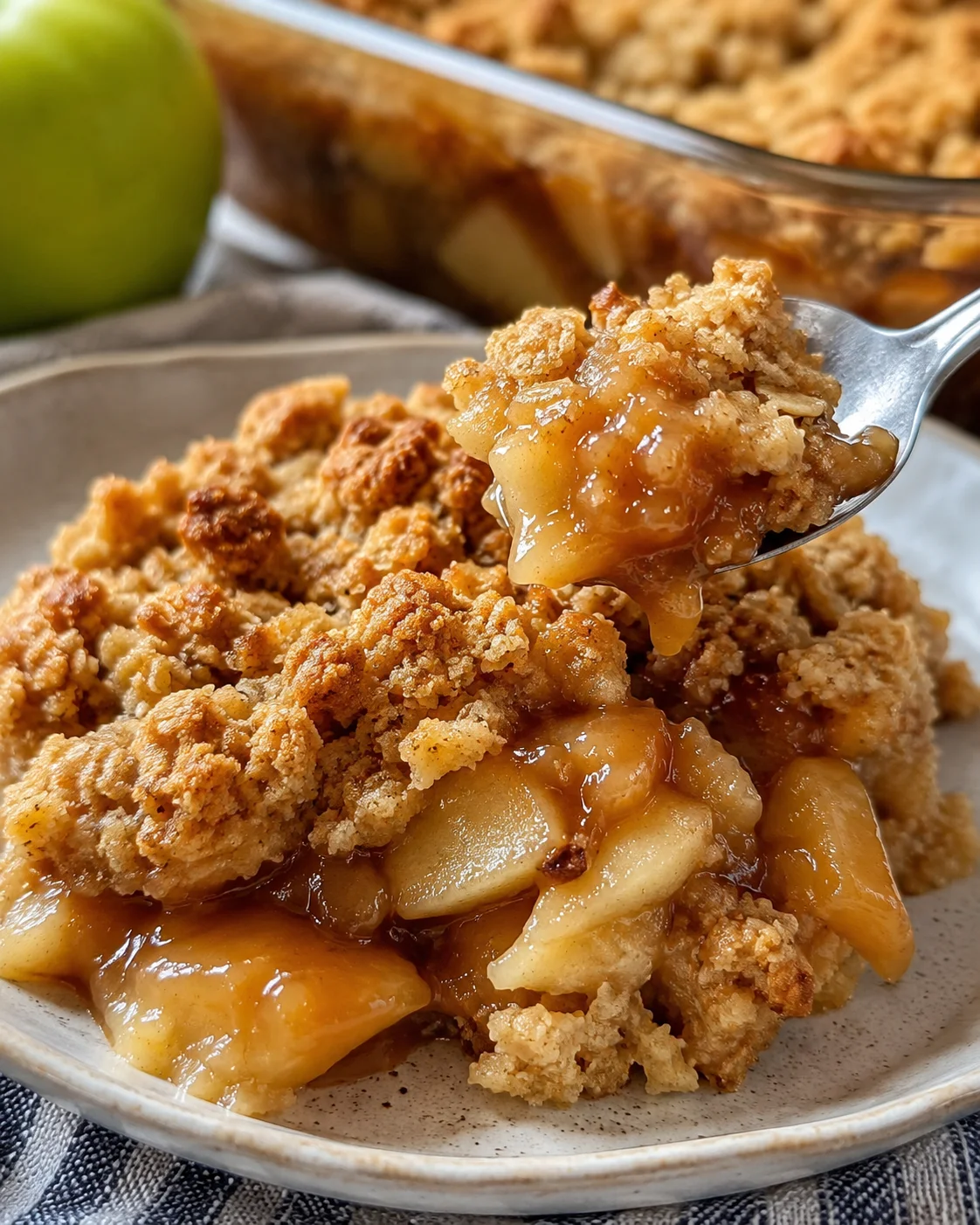 A close-up of a spoonful of caramel apple dump cake with a golden crust.