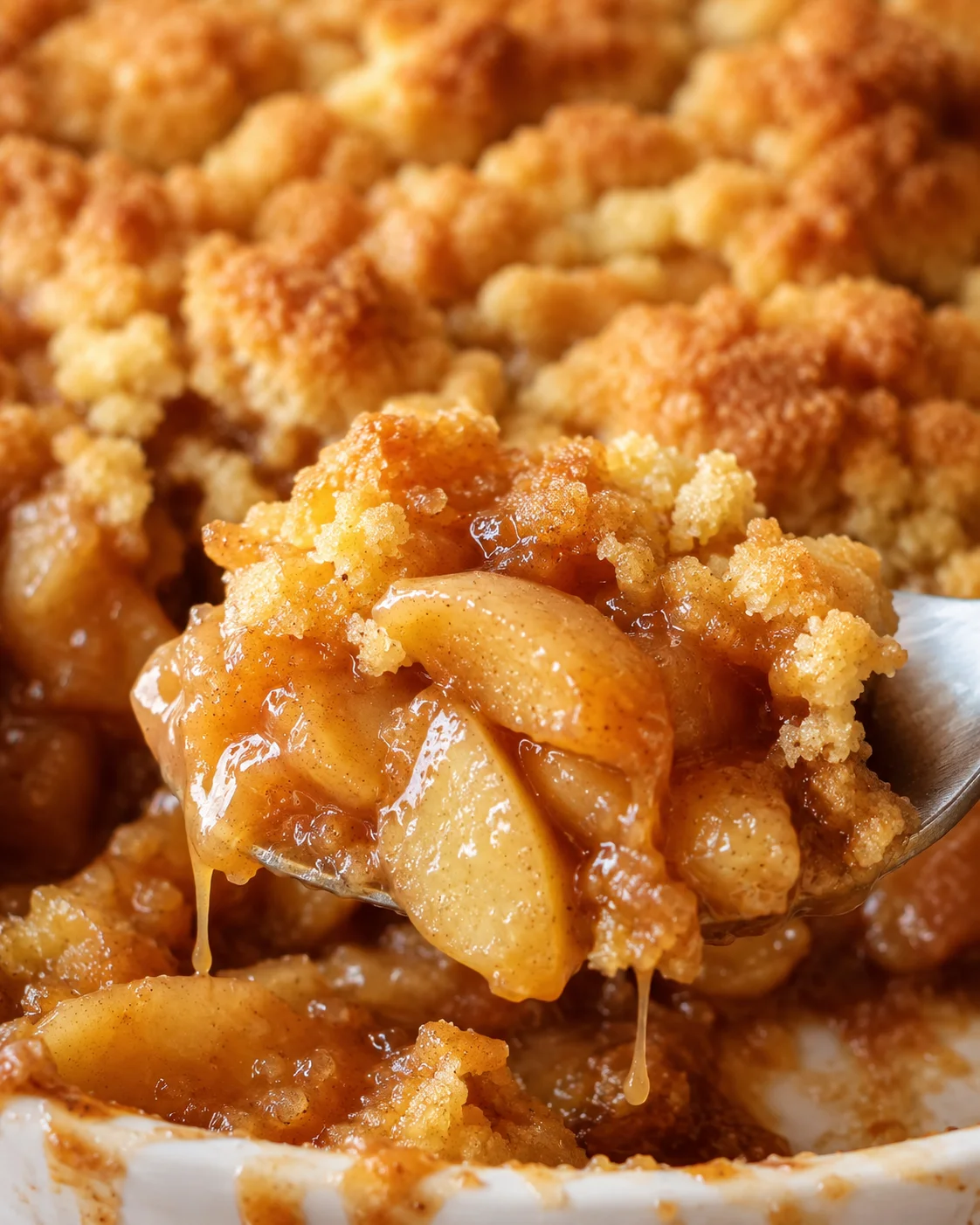 Close-up of a spoonful of caramel apple dump cake with gooey caramel and tender apples