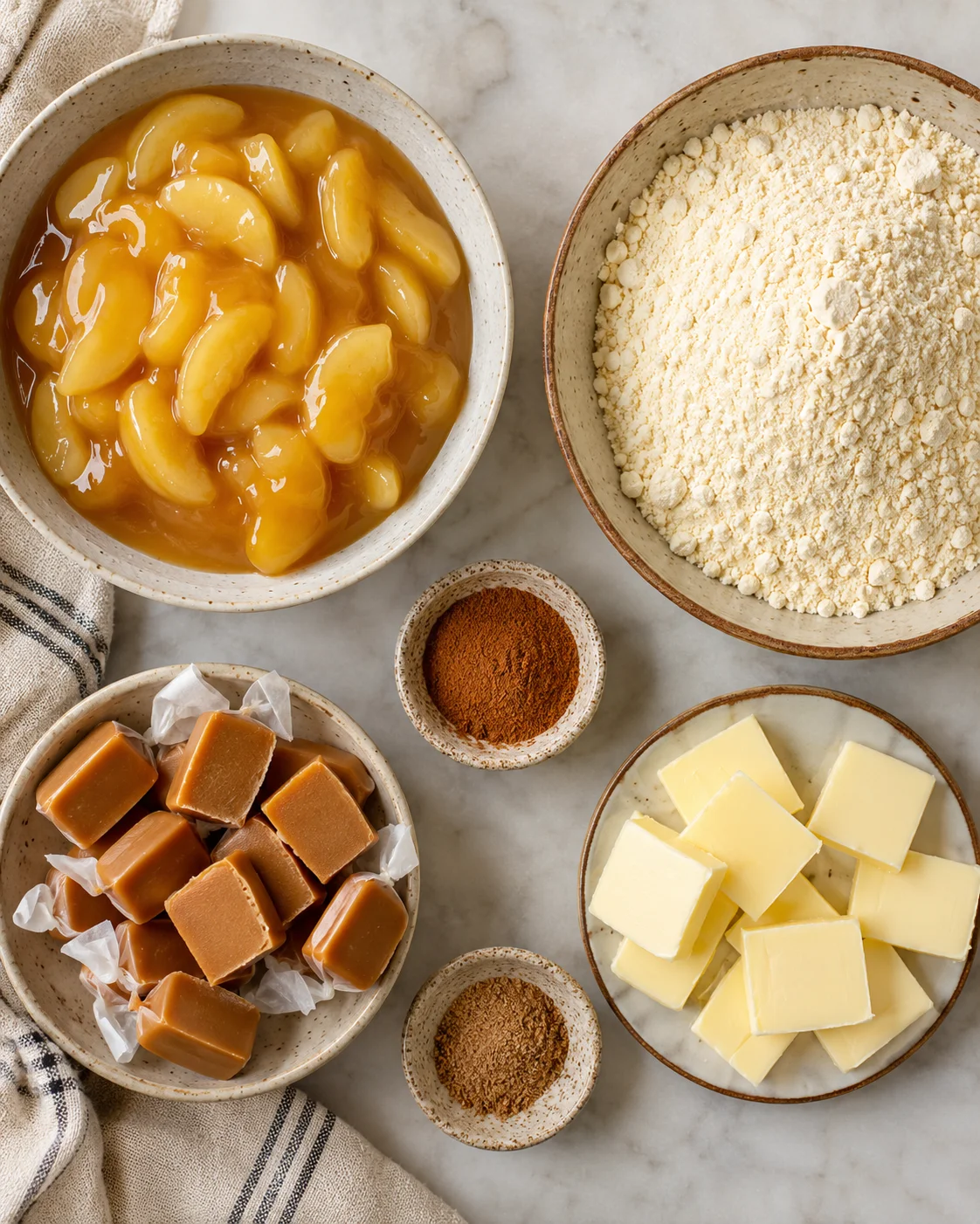 Bowls of caramel, apple slices, cake mix, and butter ready to bake.
